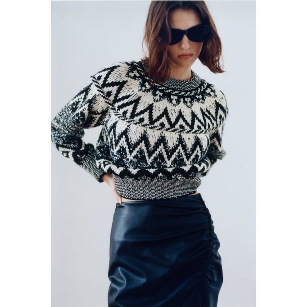 ZARA Nordic Fairisle Jacquard Sweater Black White Fair Isle Knit Pullover Medium